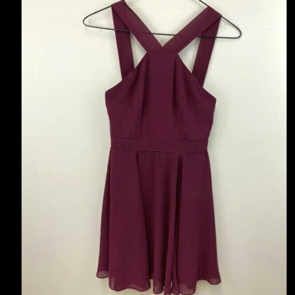Lulus XS Forevermore Skater Dress Burgundy Halter Chiffon Overlay